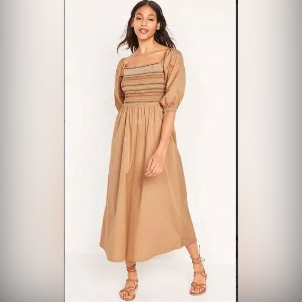 Old Navy Tan Smocked Midi Dress
